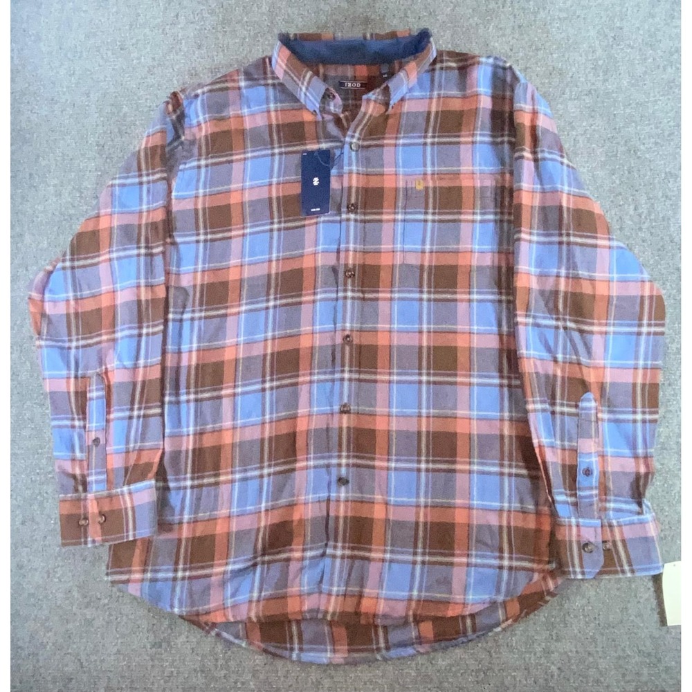 IZOD Mens XXL Blue Brown Orange Plaid‎ Flannel Button Down Shirt Long Sleeve NWT